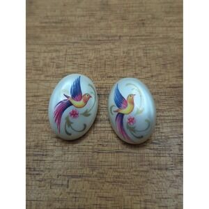 Vintage Style Bird of Paradise Oval Stud Earrings Pearlescent White Cottagecore